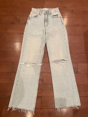 Zara Light Blue Straight Leg Distressed Jeans